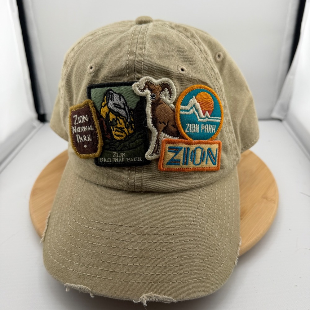 American Needle Zion National Park Multi Patch Distressed Baseball Cap Tan Hat